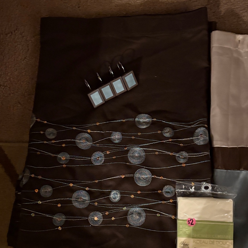 Croscill Dark Brown Shower Curtain with Blue Accents